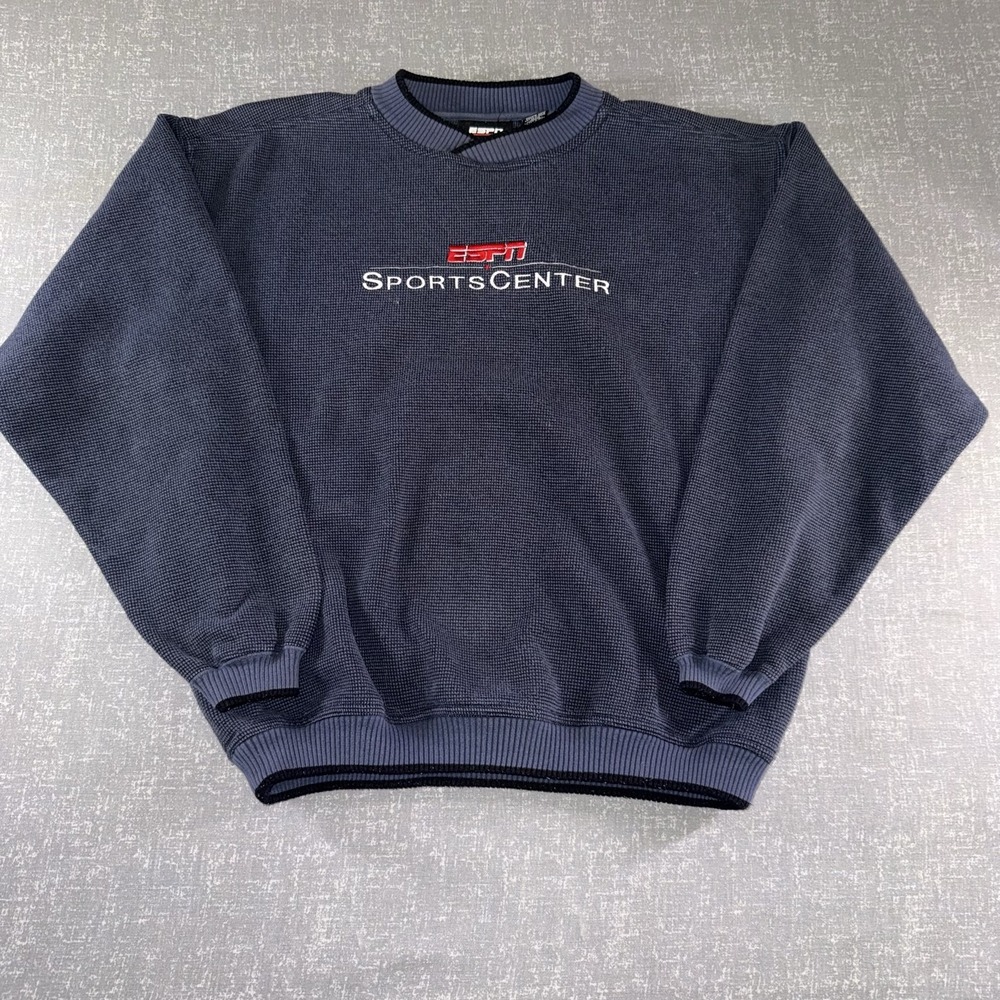 ESPN Sweater Mens Medium Blue Waffle Knit Crewneck Pullover SportsCenter Logo